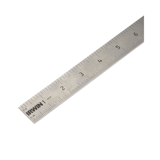 Photo of IRWIN 1794471 stainless steel ruler with inch markings, angled on white background.