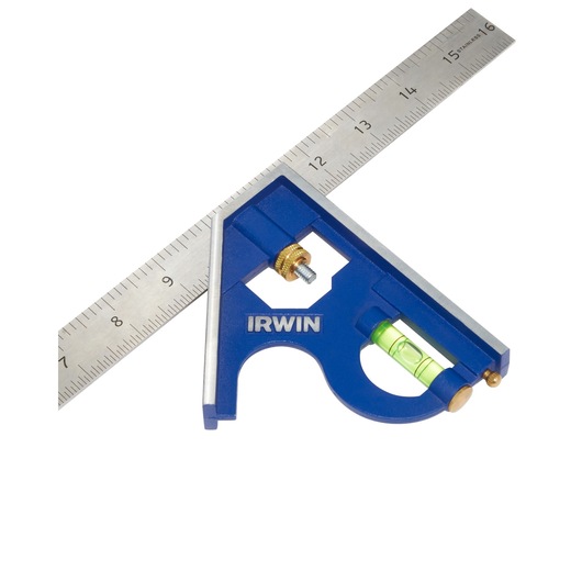 IRWIN 1794471 combination square with blue handle, metal ruler and integrated level, white background, angled view.