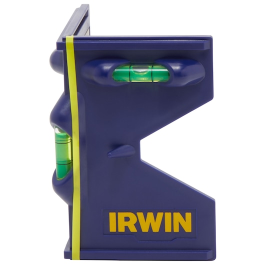Photo of IRWIN 1794482 blue plastic miter level with yellow stripe, side angle on white background.