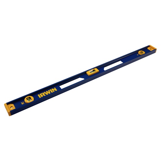 IRWIN 1801092 blue and yellow spirit level with three bubble vials, angled view on white background.
