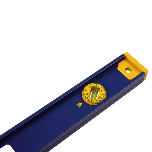 IRWIN 1801092 blue and yellow angle level tool with protractor, close-up on white background.