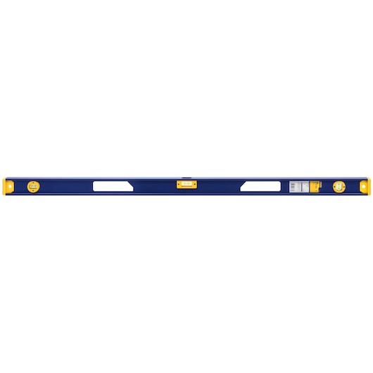 IRWIN 1801094 blue and yellow box level tool, photography, front angle on white background.
