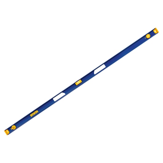 IRWIN 1801096 blue and yellow box level with handles, side angle, photography product.