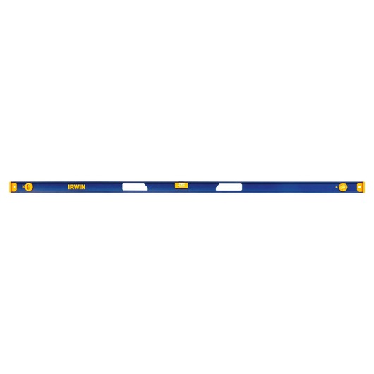 IRWIN 1801096 blue and yellow box level, front angle, with three bubble vials and two cut-out handles.