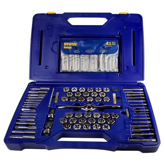 IRWIN 1813817 tap and die set in blue hard case, assorted threading tools and drill bits, front angle.