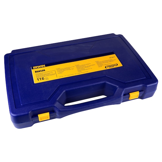 IRWIN 1813817 blue plastic carrying case for tool set, closed, with yellow latch and label, front angle.