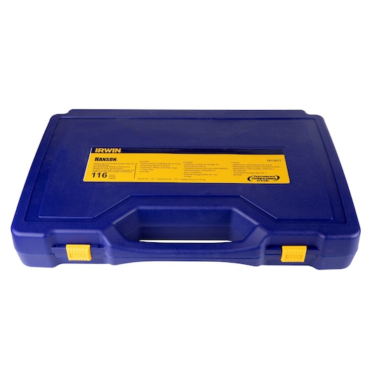 IRWIN Hanson blue plastic tool case with yellow label and latches, SKU 1813817, front angle.