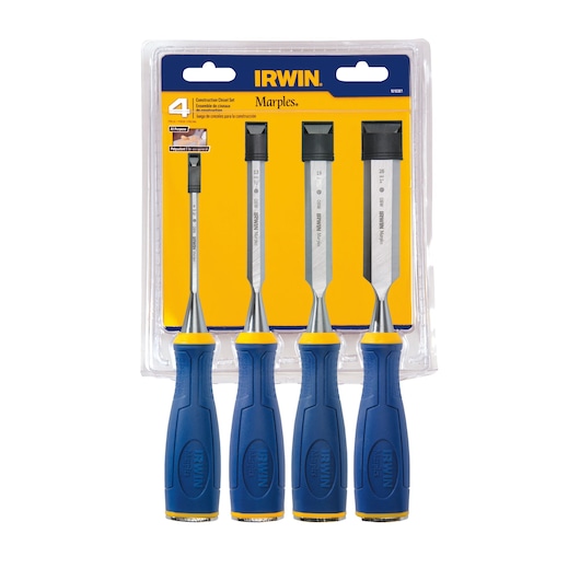 IRWIN 1819361 construction chisel set with four blue and yellow Marples chisels, front view, white background.