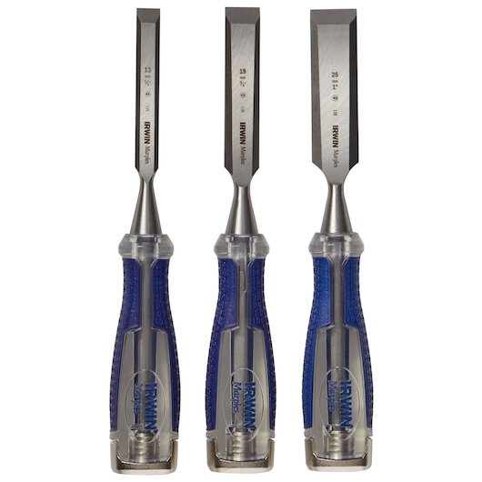 IRWIN 1819362 wood chisel set with three chisels, blue textured handles, and silver blades, front angle on white.