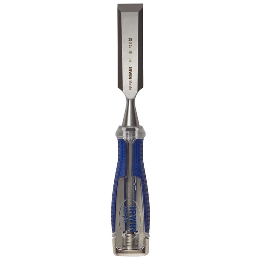 Photo of IRWIN 1819362 chisel with blue grip handle, 25mm blade, front angle on white background.