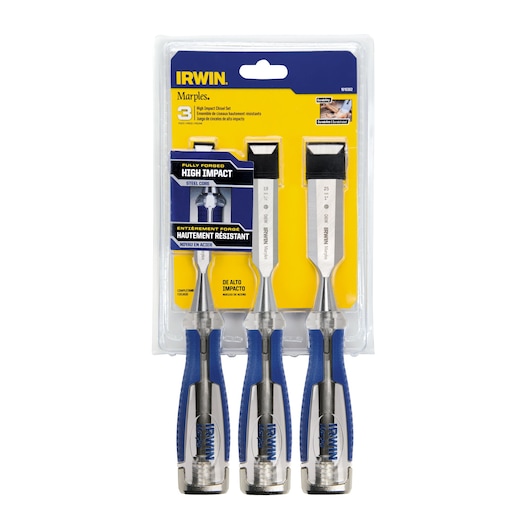 Photo of IRWIN 1819362 chisel set with blue and silver handles, three-piece, in retail packaging, front view.