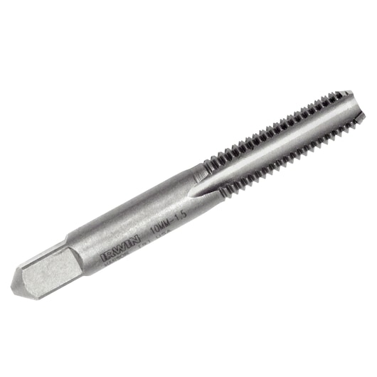 IRWIN 1840 steel threading tap on white background, side angle, metal cutting tool for threads.