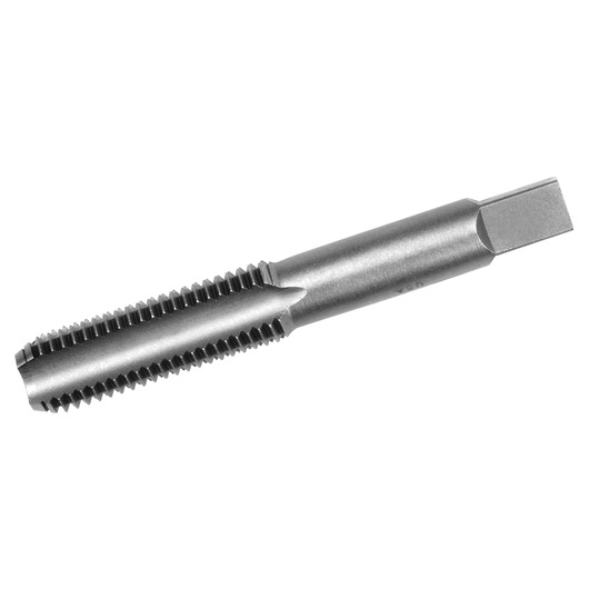IRWIN 1856 straight flute tap tool, silver metal, side angle, product photography on white background.
