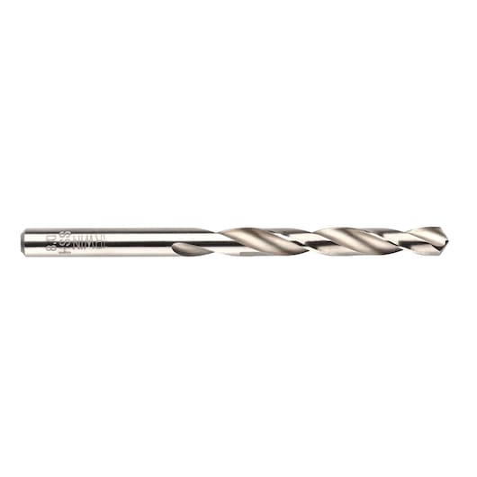 IRWIN 1863343 metal drill bit, silver, straight shank, side view on white background.