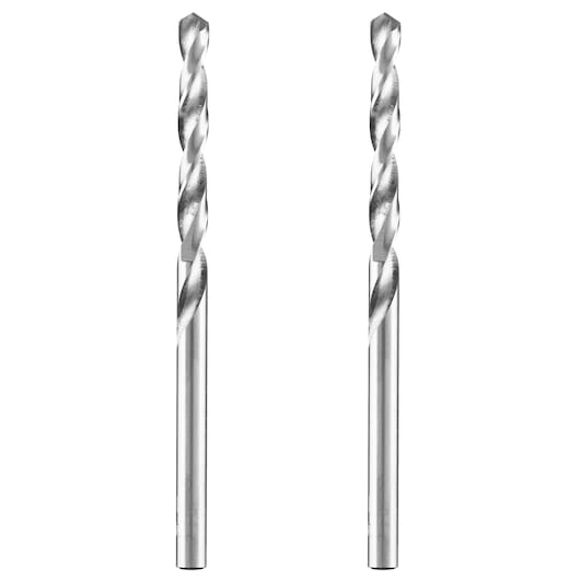 Photo of two IRWIN 1863344 silver twist drill bits, straight shank, side view on white background.