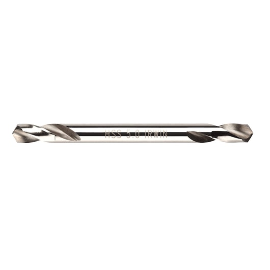 Photo of IRWIN 1868262 double-ended HSS drill bit, silver metal, straight view on white background.