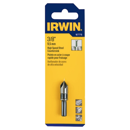 IRWIN 1877715 high speed steel countersink 3/8 inch, front angle, yellow and blue packaging