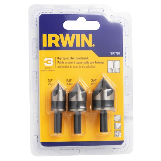 Photo of IRWIN 1877720 high speed steel countersink set, 3 pieces in plastic packaging, front angle.