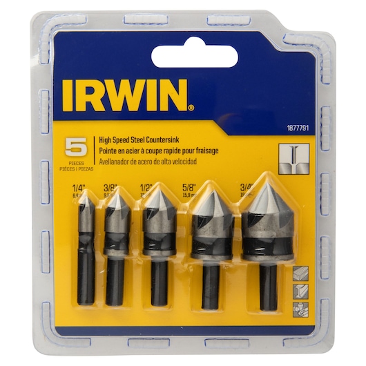 IRWIN 1877791 high speed steel countersink set, 5 pieces, front angle in retail packaging.