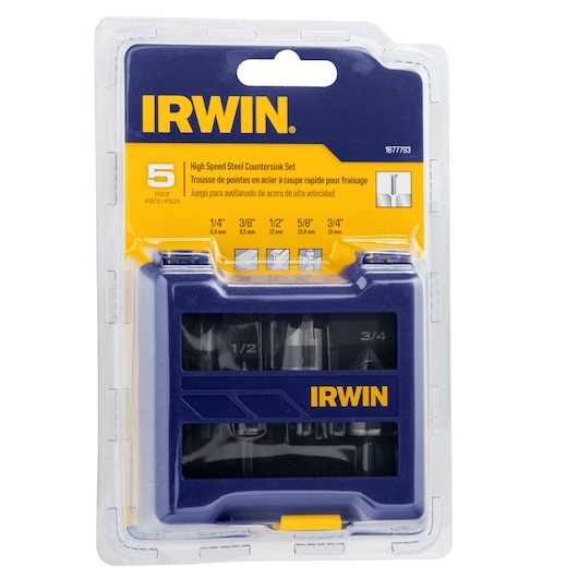 IRWIN 1877793 high speed steel countersink set, 5-piece, in blue and yellow plastic packaging, front view.