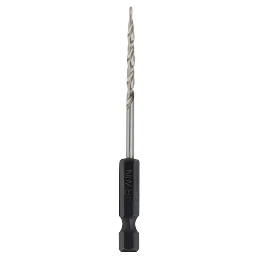 IRWIN 1882786 hex shank drill bit, black and silver, straight-on angle, white background.