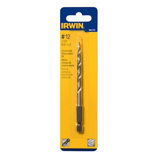 IRWIN 1882790 countersink replacement bit in yellow and blue retail packaging, front angle.