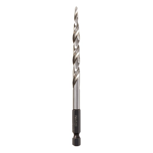 Photo of IRWIN 1882791 hex shank drill bit, silver with spiral flute, straight-on view on white background.
