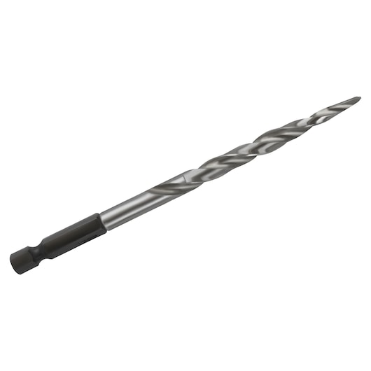 IRWIN 1882791 silver step drill bit with hex shank, side angle, on white background.