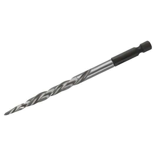 IRWIN 1882791 spiral step drill bit with hex shank, side angle, silver and black, on white background.
