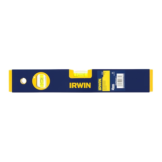 IRWIN 1884587 box level with blue and yellow body, two vials, photographed on white background.