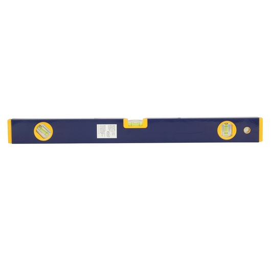 IRWIN 1884602 blue and yellow box level with three bubble vials, front angle, white background.