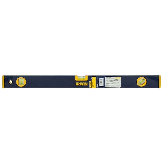 IRWIN 1884603 blue and yellow box level with three vials, front angle on white background.