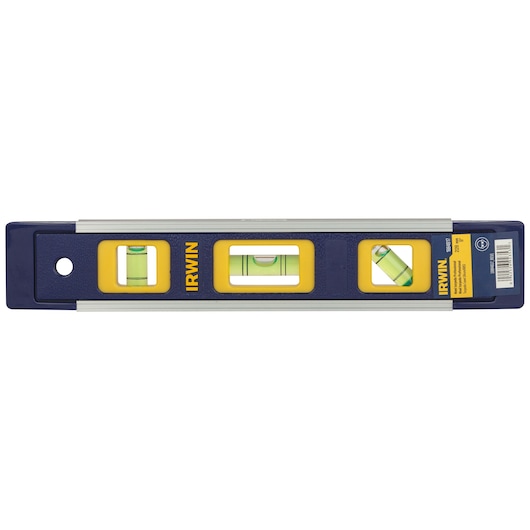 Front view photo of IRWIN 1884617 spirit level with three vials, blue and yellow body, white background.