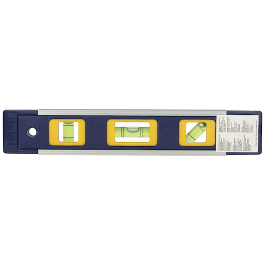 IRWIN 1884617 blue and yellow spirit level front angle on white background.
