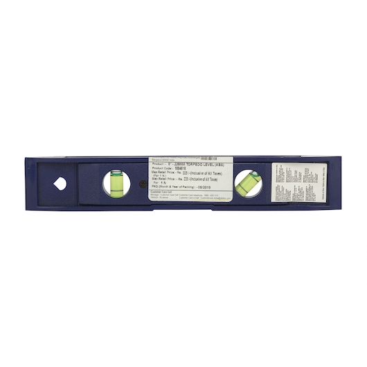 IRWIN 1884618 blue spirit level with three bubble vials, front angle on white background.