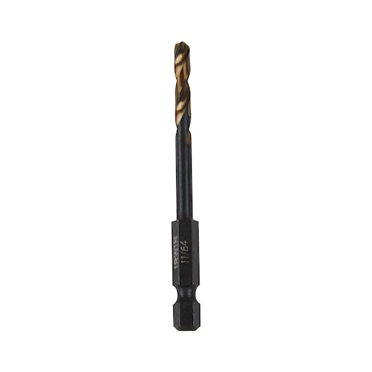 IRWIN 1892819 hex shank titanium drill bit, front angle, gold and black finish, on white background