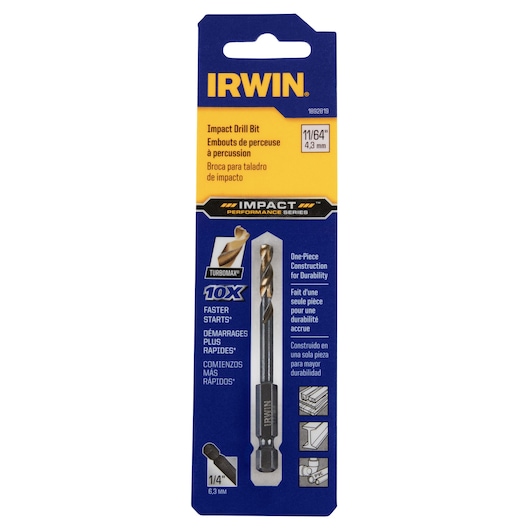 IRWIN 1892819 impact drill bit in retail packaging, 11/64 in size, TURBOMAX, one-piece construction, front angle.