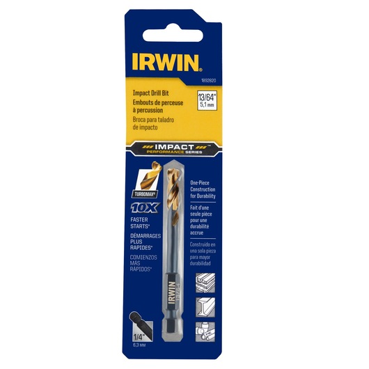 IRWIN 1892820 impact drill bit in retail packaging, 13/64 inch size, photographed on white background.