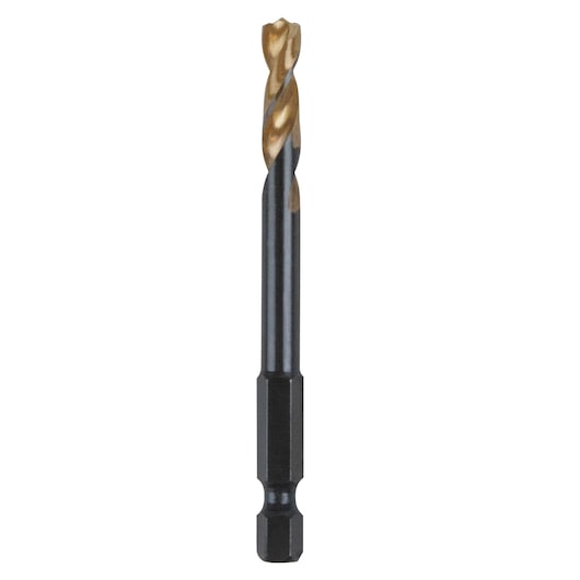 IRWIN 1892841 titanium-coated hex shank drill bit, front angle, gold and black finish.