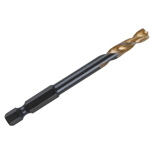 Photo of IRWIN titanium drill bit with hex shank, SKU 1892841, angled on white background.