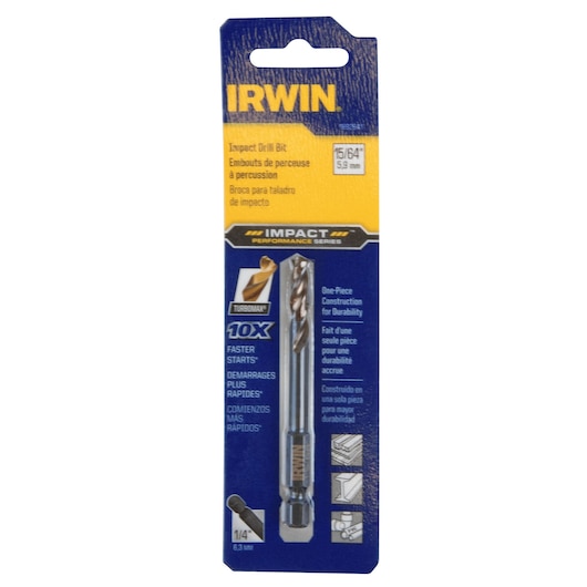 IRWIN 1892841 impact drill bit in retail packaging, 15/64 inch size, photo on white background.