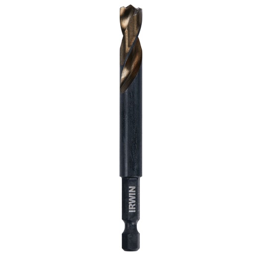Photo of IRWIN 1892842 hex shank drill bit, gold and black, vertical angle, on white background.