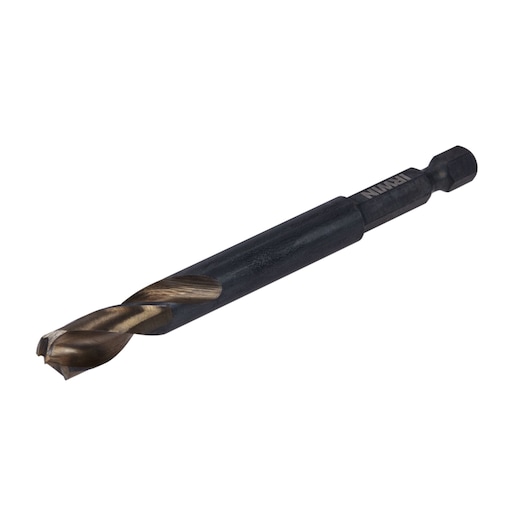 IRWIN drill bit with hex shank and spiral flutes, black and gold finish, SKU 1892842, side angle.