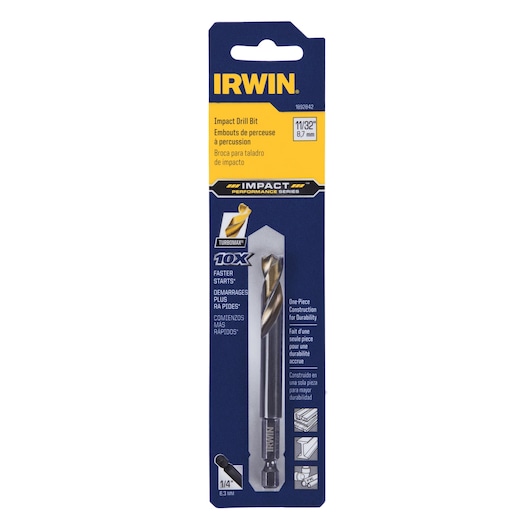 IRWIN 1892842 impact drill bit 11/32 inch in retail packaging, front view, blue and yellow color with product details.