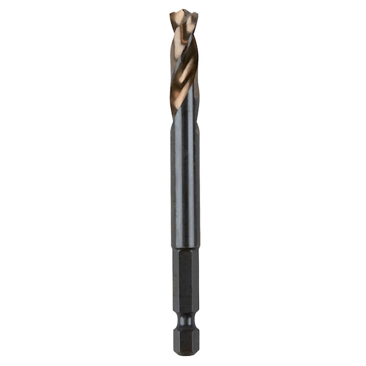 IRWIN 1892843 hex shank twist drill bit, bronze and black, vertical angle on white background.