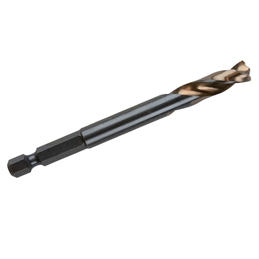 IRWIN 1892843 hex shank drill bit, metal construction, silver with gold tip, side angle on white background.