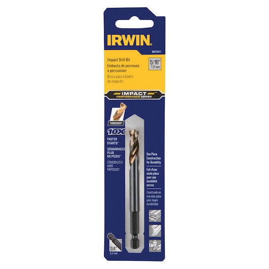 IRWIN 1892843 impact drill bit in 5/16 inch size, packaged front view with blue and yellow card.