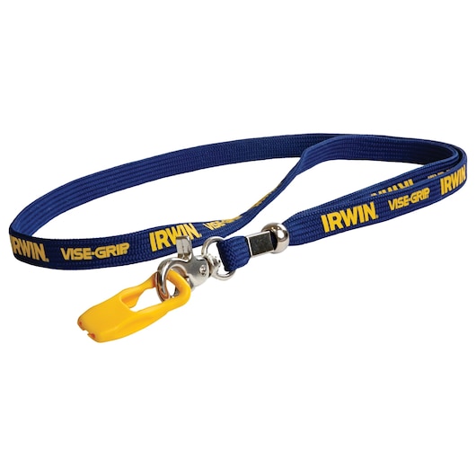 IRWIN blue and yellow lanyard with VISE-GRIP branding and metal clip, SKU 1902422, product photo on white background.