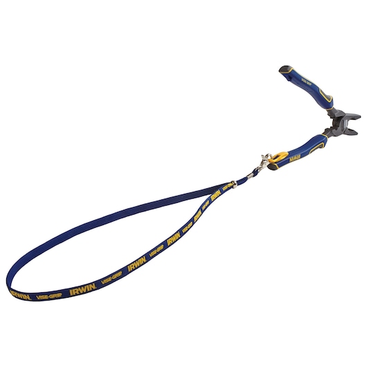 Photo of IRWIN VISE-GRIP pliers with blue and yellow handle and attached blue branded lanyard, 1902422, angled view.