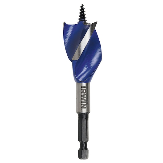 IRWIN 1921930 blue and silver wood drill bit with hex shank, straight angle, white background.